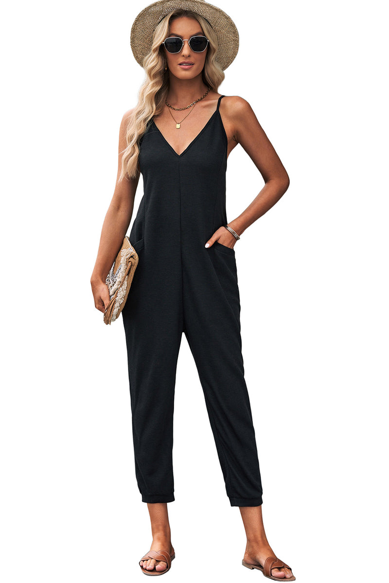 Black Textured Sleeveless V-Neck Pocketed Casual Jumpsuit - Shopit4lessnow