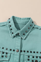 Mist Green Frayed Trim Riveted Denim Jacket