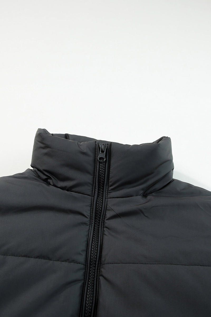 Black Zip Up Drawstring Hem Puffer Coat