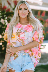 Pink Shirred Cuff 3/4 Sleeve Loose Fit Floral Blouse - Shopit4lessnow