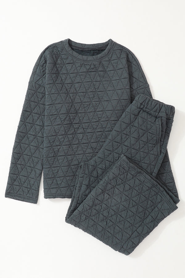 Dark Grey Solid Quilted Pullover and Pants Outfit