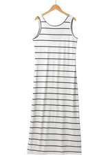 White Stripe Print Open Back Sleeveless Maxi Dress with Slits