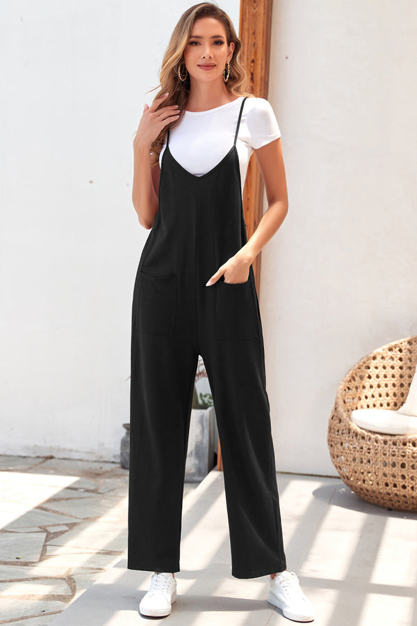 Black Pocketed Adjustable Spaghetti Strap Straight Leg Jumpsuit - Shopit4lessnow