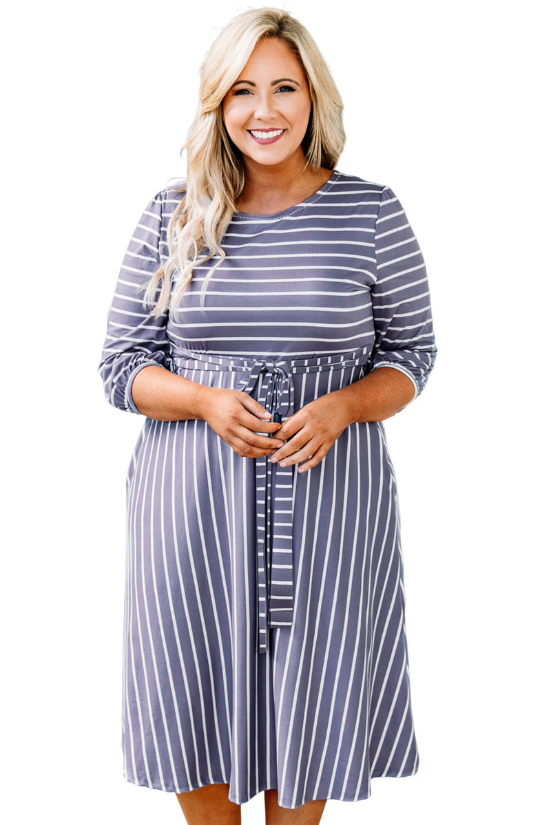 Gray Striped Tie Waist 3/4 Sleeve Plus Size Dress