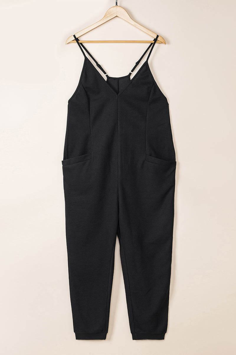 Black Textured Sleeveless V-Neck Pocketed Casual Jumpsuit - Shopit4lessnow