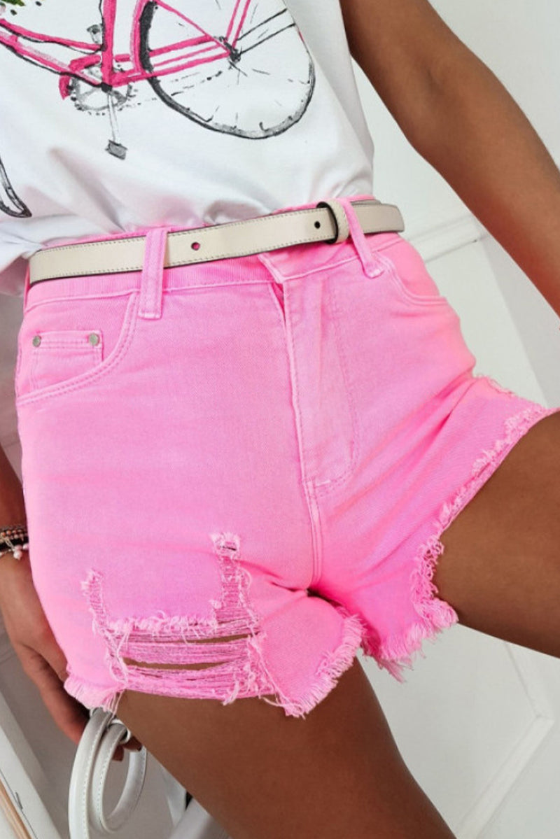 Rose Solid Color Distressed Denim Shorts - Shopit4lessnow