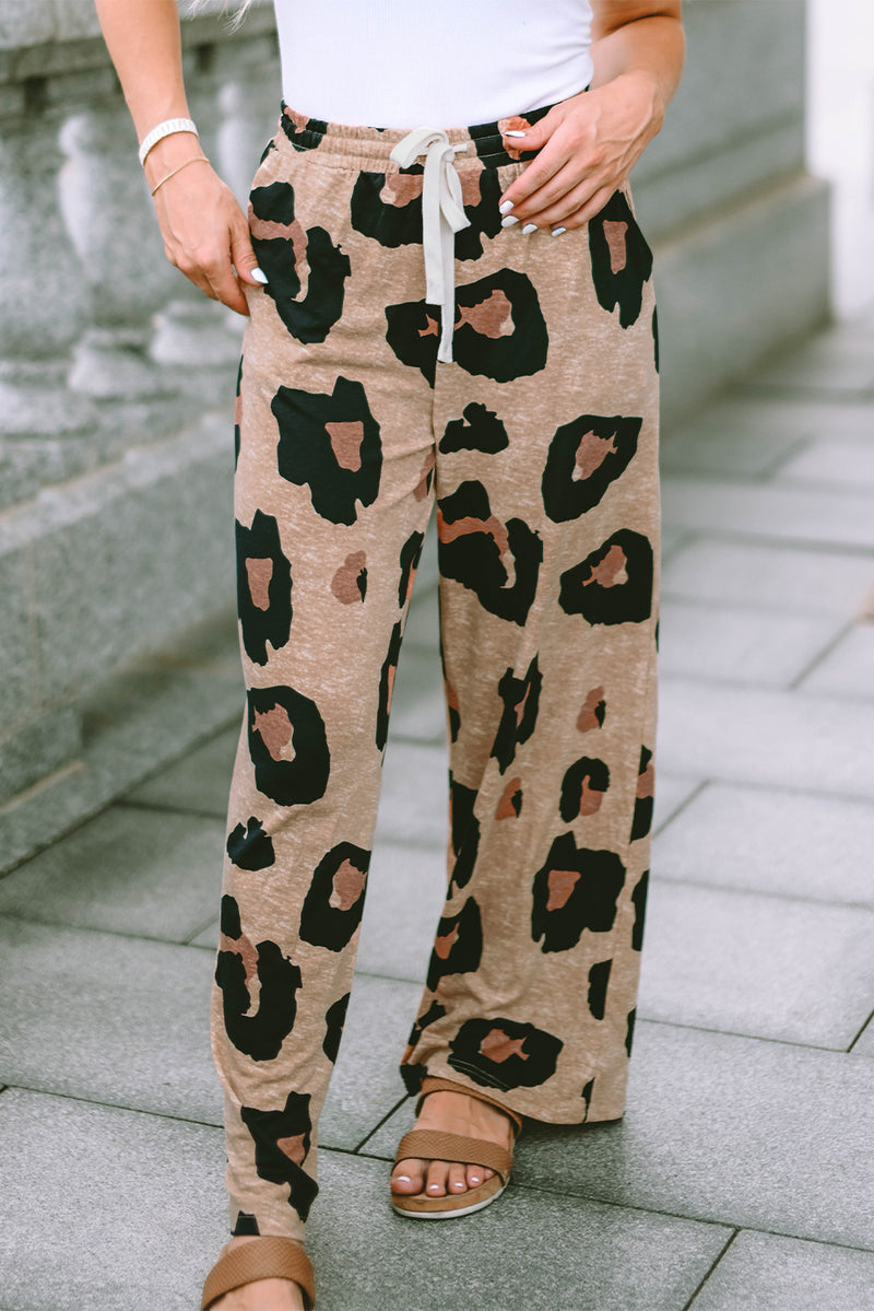 Leopard Drawstring Wide Leg Casual Pants - Shopit4lessnow