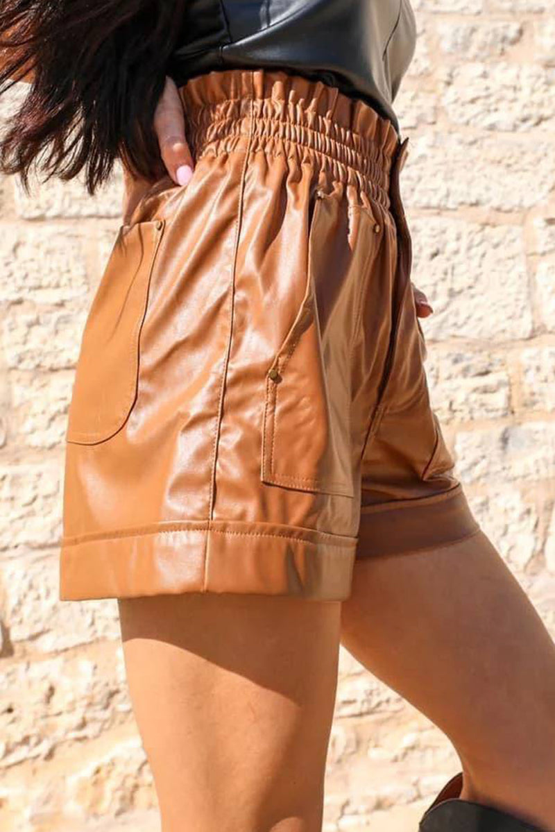 Brown Patch Pockets Faux Leather High Rise Shorts - Shopit4lessnow