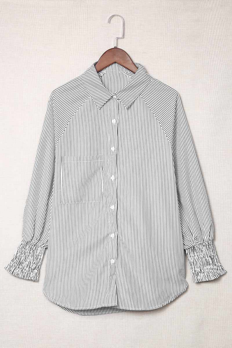 Smocked Cuffed Striped Boyfriend Shirt with Pocket - Shopit4lessnow