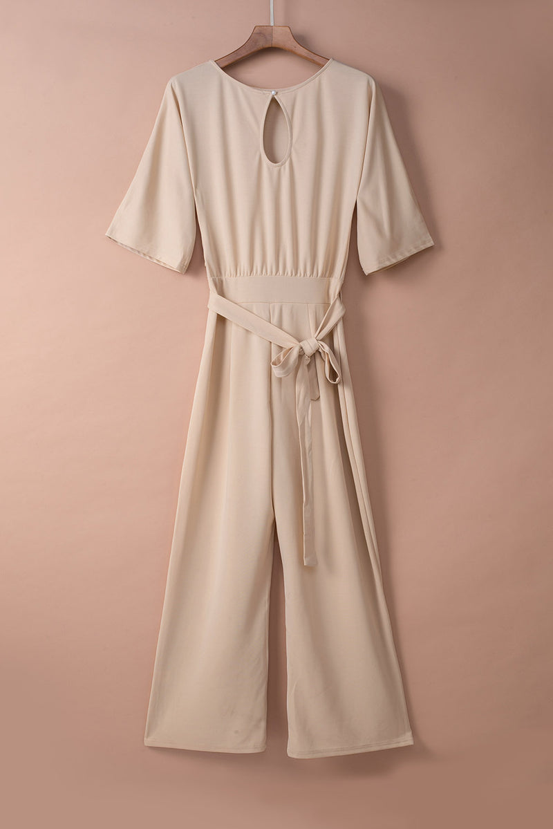 Apricot Bracelet Sleeve Waist Tie Wide Leg Jumpsuit - Shopit4lessnow