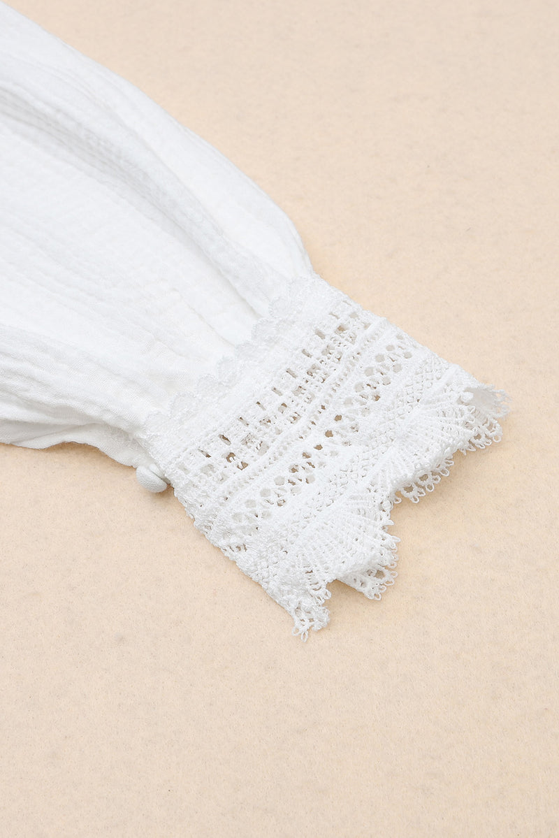 White Lace Crochet Trim Deep V Neck Textured Blouse - Shopit4lessnow