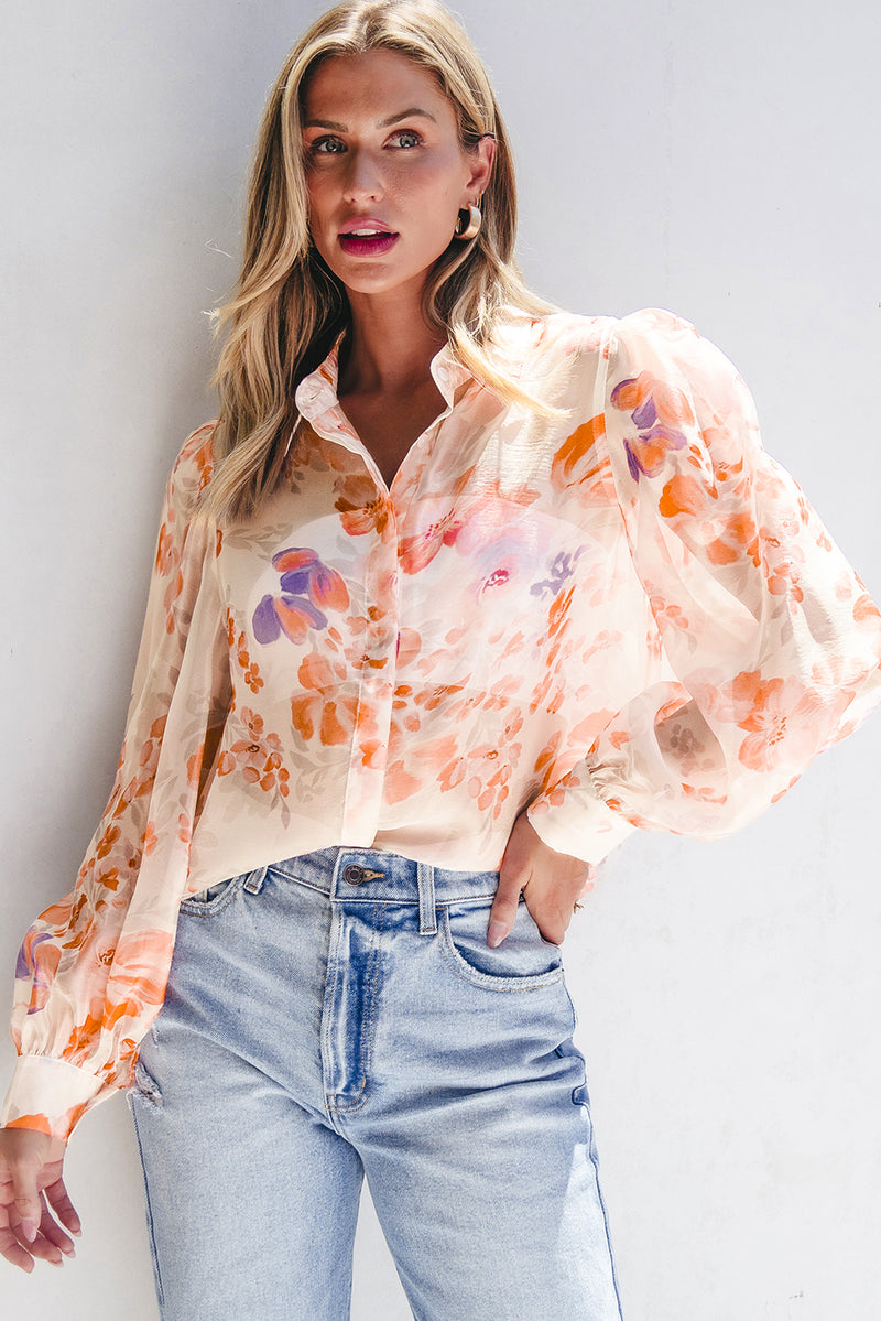 White Floral Print Collared Balloon Sleeve Loose Shirt