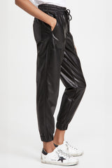 Black Faux Leather Ankle Smocked Waist Drawstring Joggers