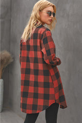 Red Turn-down Collar Plaid Shirt Coat