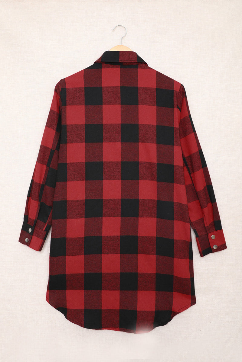 Red Turn-down Collar Plaid Shirt Coat