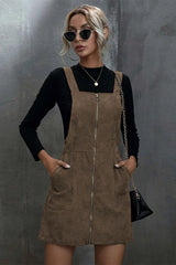 Brown O-ring Zip Up  Pocketed Corduroy Dress