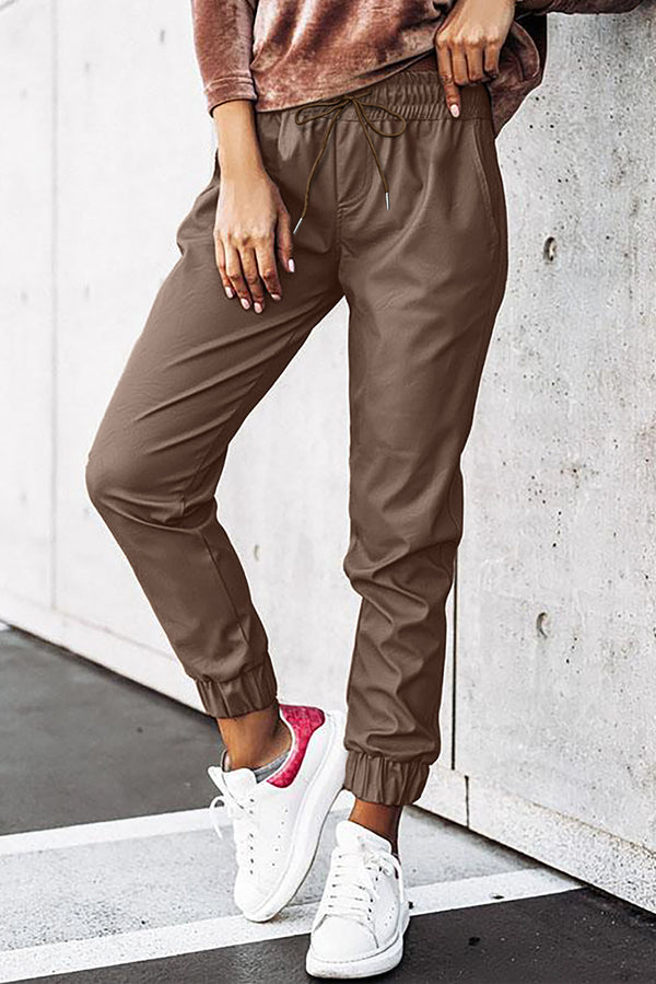 Brown Leather Tie Waist Jogger Pants - Shopit4lessnow