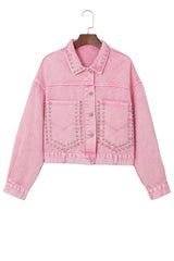 Pink Rivet Studded Pocketed Denim Jacket