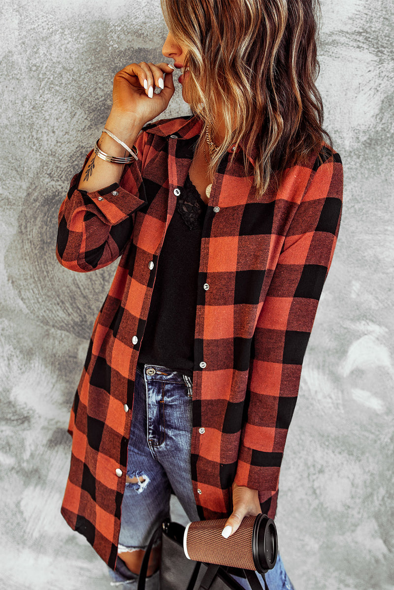 Red Turn-down Collar Plaid Shirt Coat