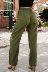 Green Drawstring Elastic Waist Pockets Long Straight Legs Pants - Shopit4lessnow