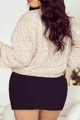 Apricot Sequin Zip up Round Neck Long Sleeve Jacket