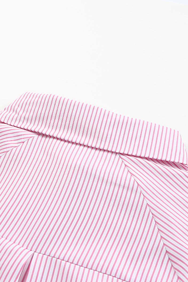 Pink Smocked Cuffed Striped Boyfriend Shirt with Pocket - Shopit4lessnow