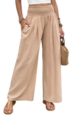 Khaki Smocked Wide Waistband High Waist Wide Leg Pants