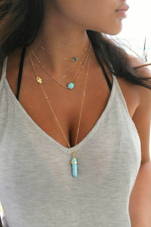 Gold Turquoise Gemstone Pendant Multi-Layered Necklace - Shopit4lessnow