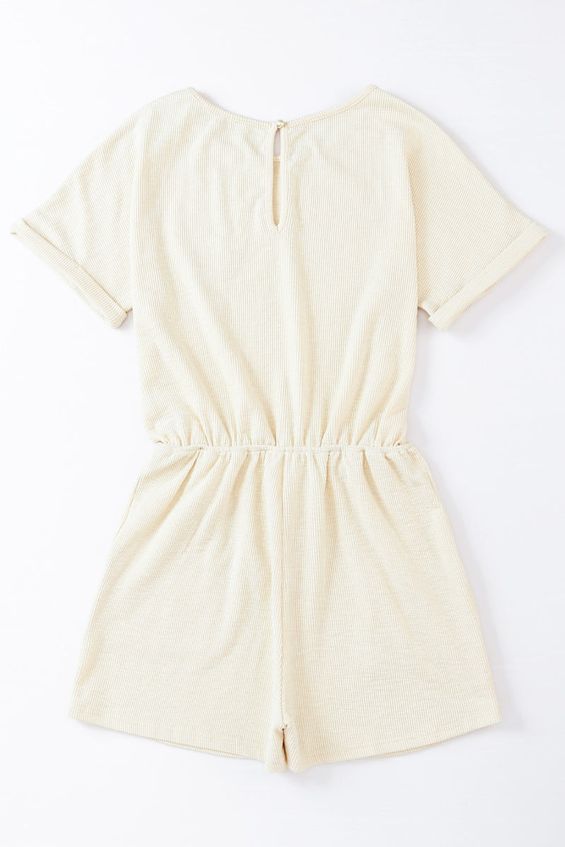 Beige Ribbed Elastic Waist Romper - Shopit4lessnow