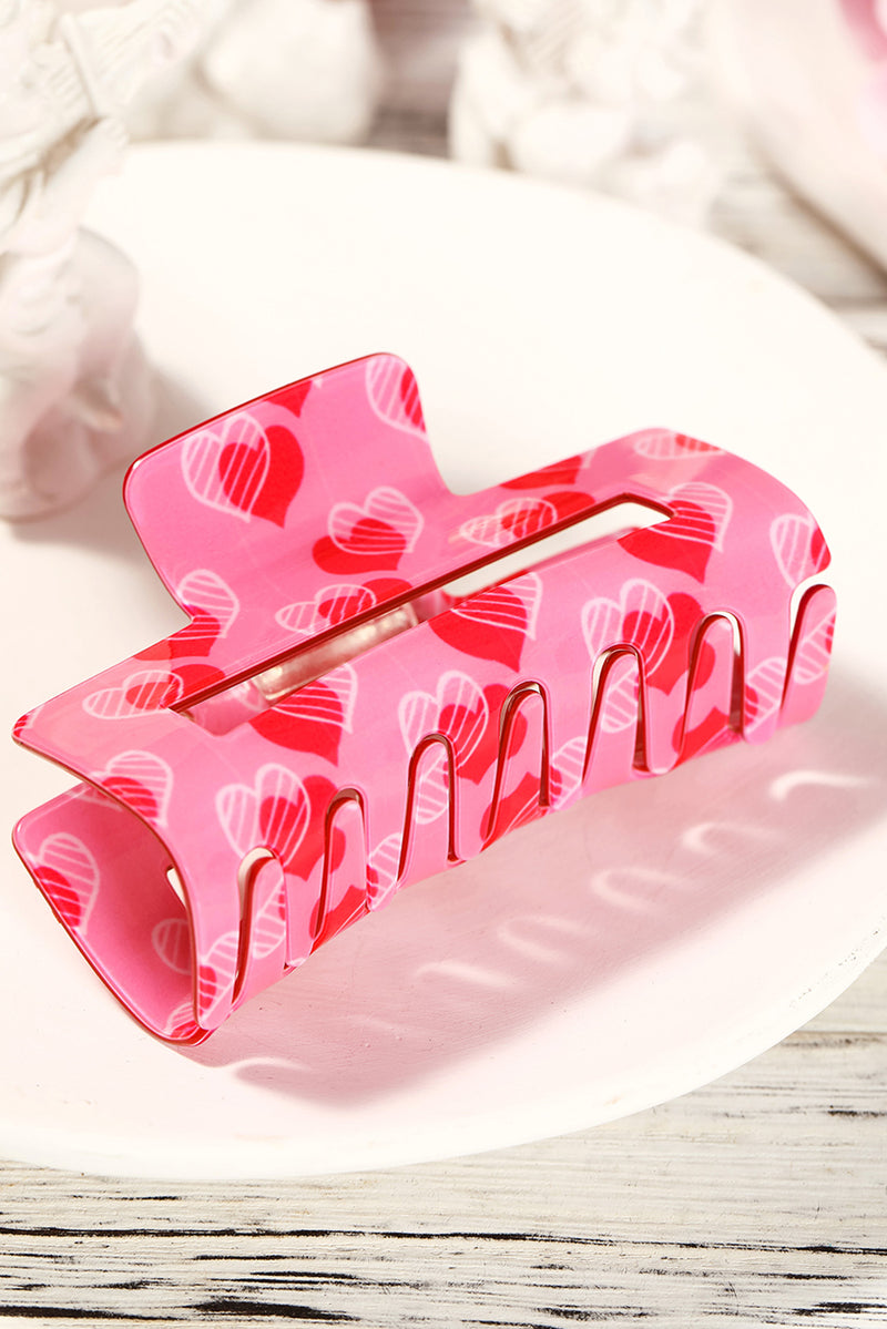 Pink Double Heart Printed Valentines Fashion Hair Claw