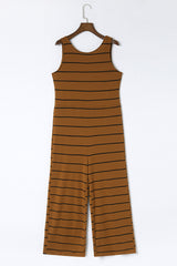 Brown Striped Sleeveless Wide Leg Jumpsuit