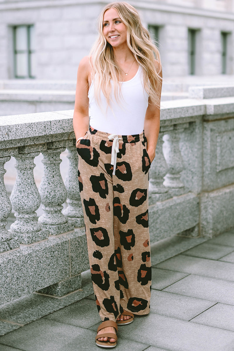 Leopard Drawstring Wide Leg Casual Pants - Shopit4lessnow