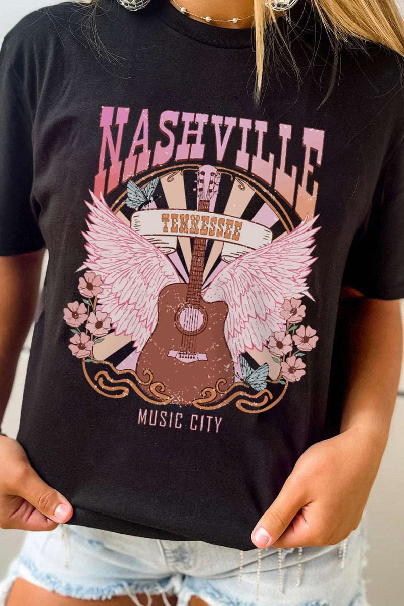 Black NASHVILLE Music City Graphic Print Short Sleeve Top
