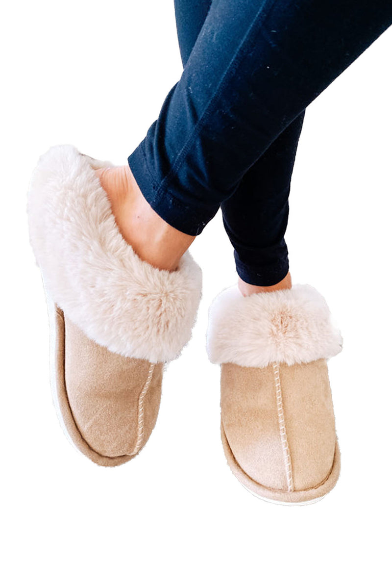Khaki Cut and Sew Faux Suede Plush Lined Slippers - Shopit4lessnow