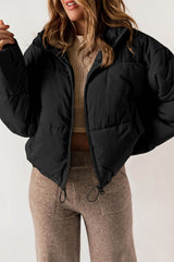 Black Zip Up Drawstring Hem Puffer Coat