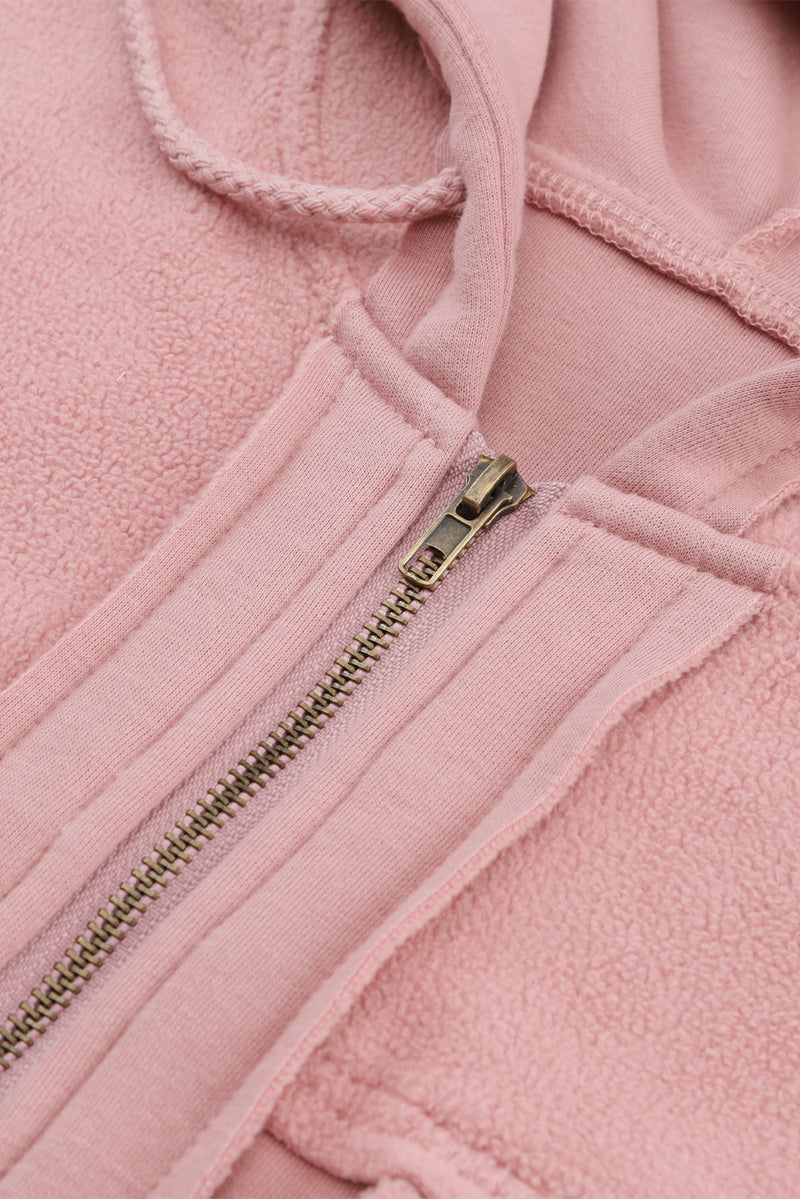 Pink Flap Pocket Drawstring Hood Zip Up Jacket