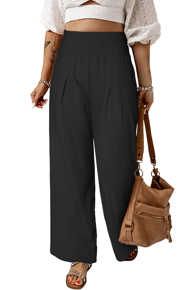 Black Smocked Wide Waistband High Waist Wide Leg Pants