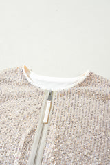 Apricot Sequin Zip up Round Neck Long Sleeve Jacket