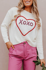 White Heart XOXO Pattern Drop Shoulder Rib Knit Sweater