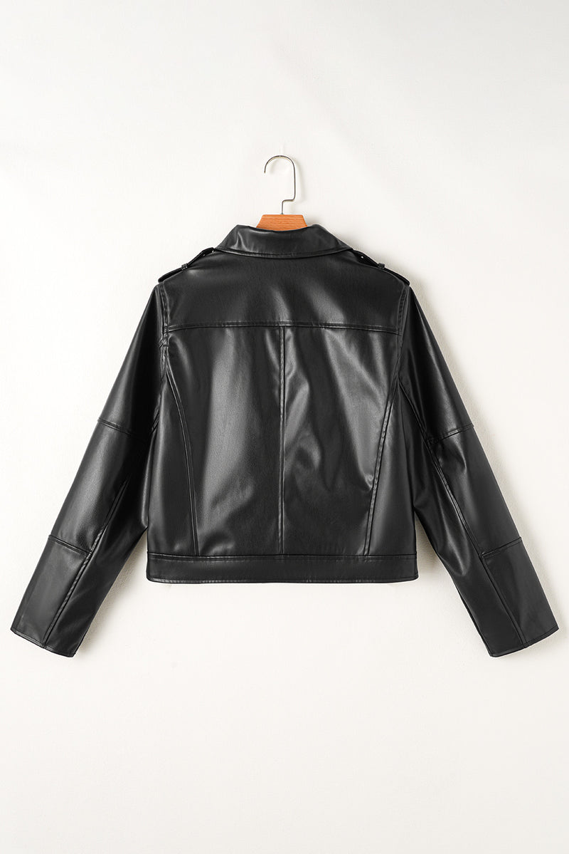 Black PU Leather Lapel Collar Zipper Jacket