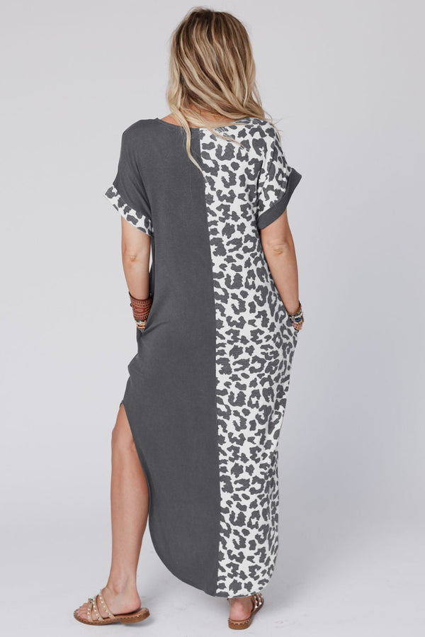 Gray Contrast Solid Leopard Short Sleeve T-shirt Dress with Slits - Shopit4lessnow