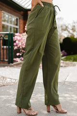 Green Drawstring Elastic Waist Pockets Long Straight Legs Pants - Shopit4lessnow