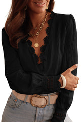 Black Lace Crochet Trim Deep V Neck Textured Blouse - Shopit4lessnow