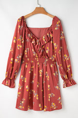 Red Clay Floral Print Shirred Waist Ruffled Trim V Neck Mini Dress