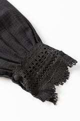 Black Lace Crochet Trim Deep V Neck Textured Blouse