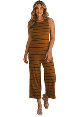 Brown Striped Sleeveless Wide Leg Jumpsuit