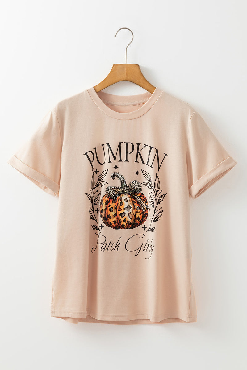 Khaki PUMPKIN Patch Girly Leopard Bowknot Pumpkin Graphic T Shirt