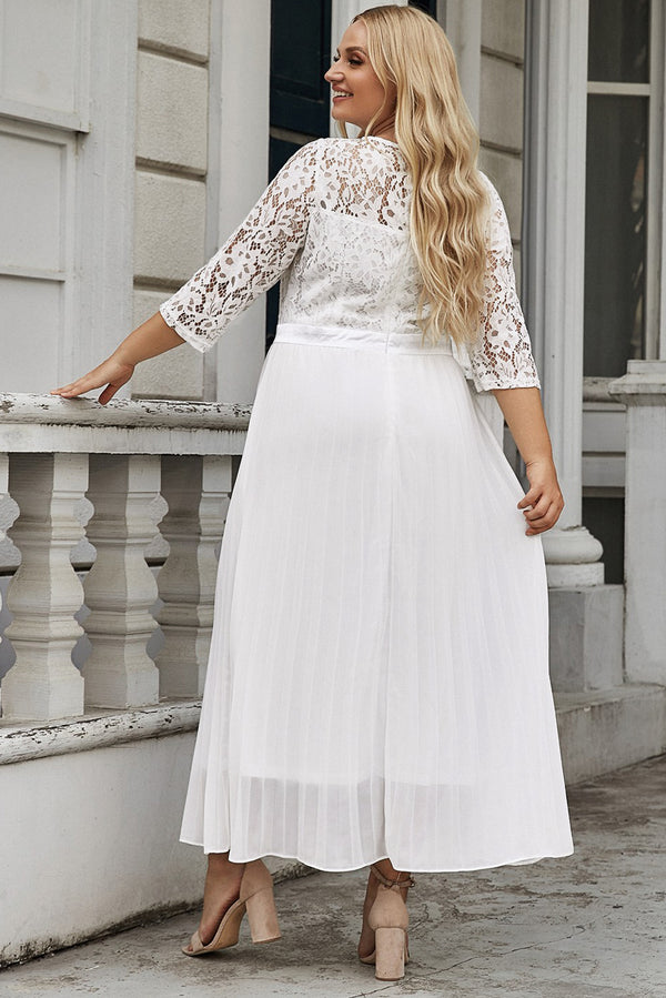 White Lace Scalloped V Neck 3/4 Sleeves Pleated Tulle Plus Maxi Dress