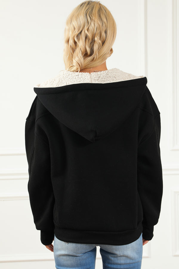 Black Sherpa Hooded Thumbhole Sleeve Zip Up Jacket