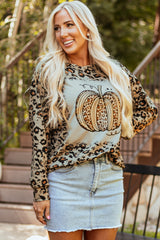 Brown Bleached Halloween Pumpkin Leopard Print Sweatshirt